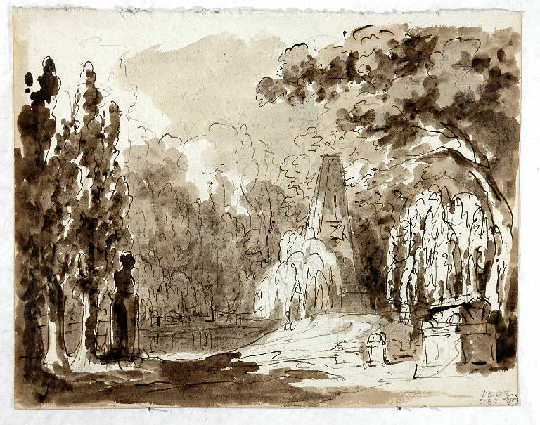 Scena raffigurante un bosco con monumenti funebri, PAESAGGIO CON ARCHITETTURE (disegno, opera isolata) di Vacca Luigi (sec. XIX)