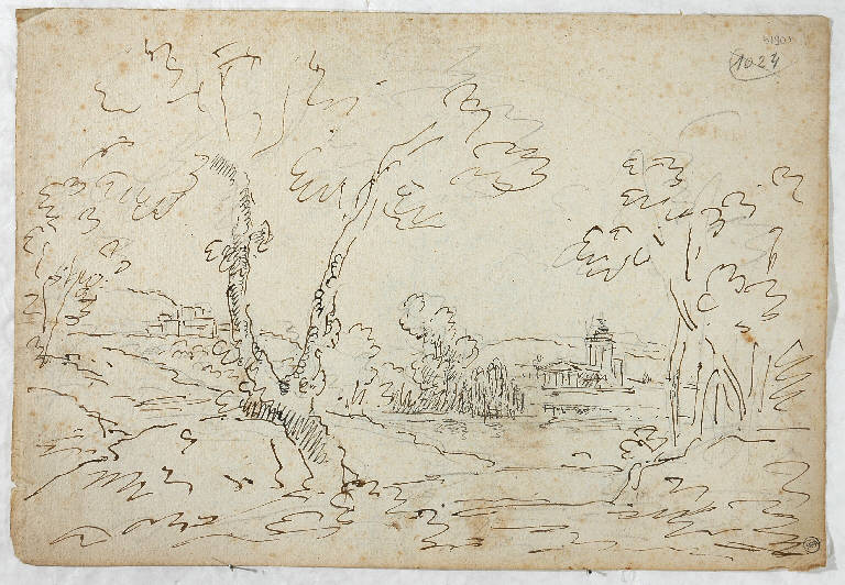 Scena raffigurante un paesaggio con chiesa sul fondo, PAESAGGIO (disegno, opera isolata) di Vacca Luigi (sec. XIX)