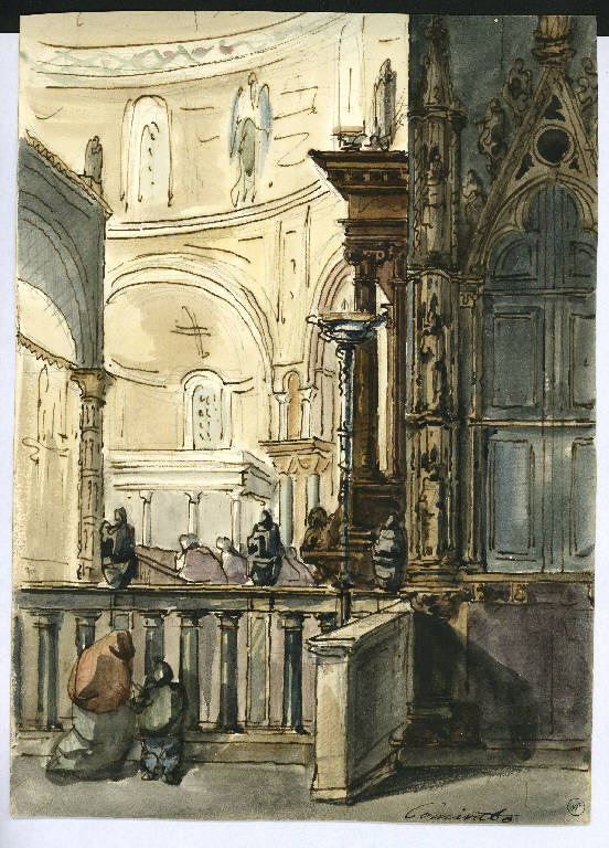 Interno di chiesa con oranti, Interno (disegno, opera isolata) - ambito italiano (prima metà sec. XIX)