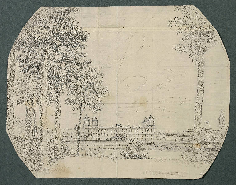 Reggia con grande giardino, Paesaggio con architetture (disegno, opera isolata) - ambito Italia centro-settentrionale (fine sec. XVIII)