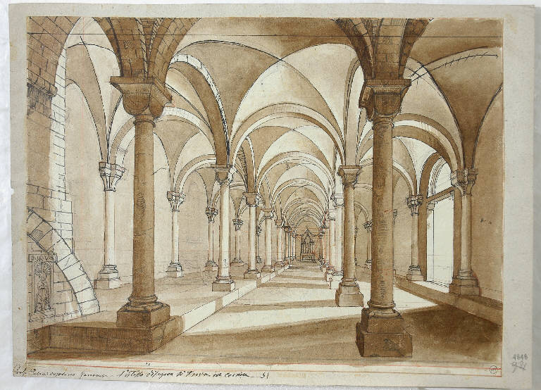 Corridoio in prospettiva con colonne e volte a crociera, Interno (disegno, opera isolata) - ambito italiano (fine/ inizio secc. XVIII/ XIX)