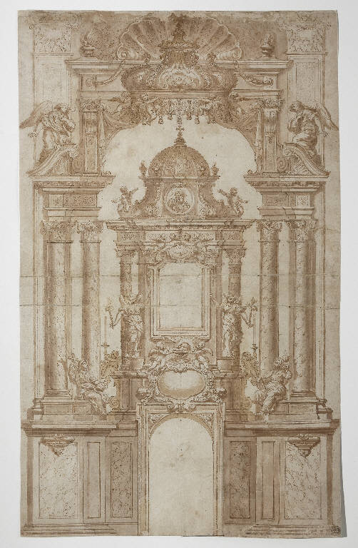 Interno architettonico, Interno (disegno, opera isolata) - ambito italiano (sec. XVIII)