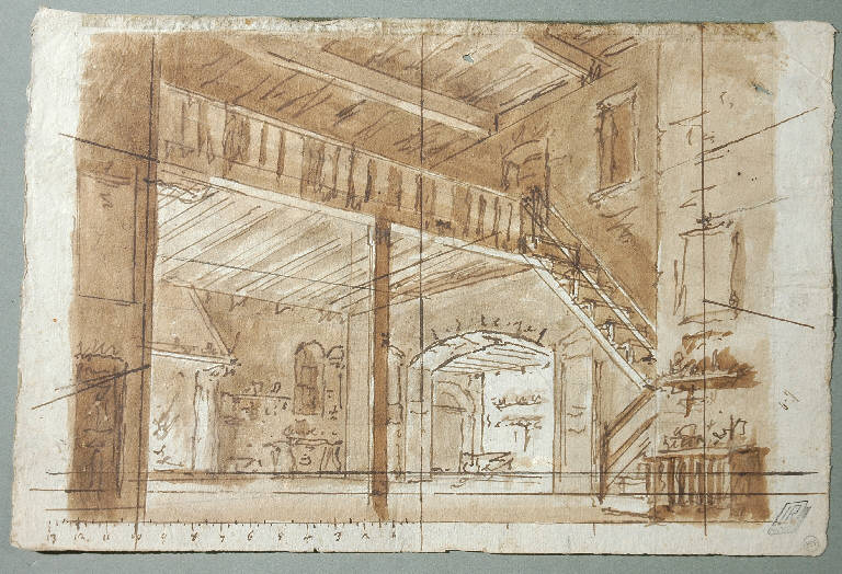 Scena raffigurante un interno con scala in legno, Interno (disegno, opera isolata) - ambito Italia settentrionale (terzo quarto sec. XVIII)