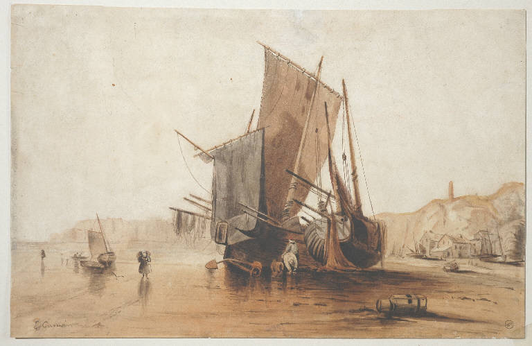 Village de pecheurs, Marina con pescatori e barche (disegno, opera isolata) di Cauvin Louis Edouard Isidore (metà sec. XIX)