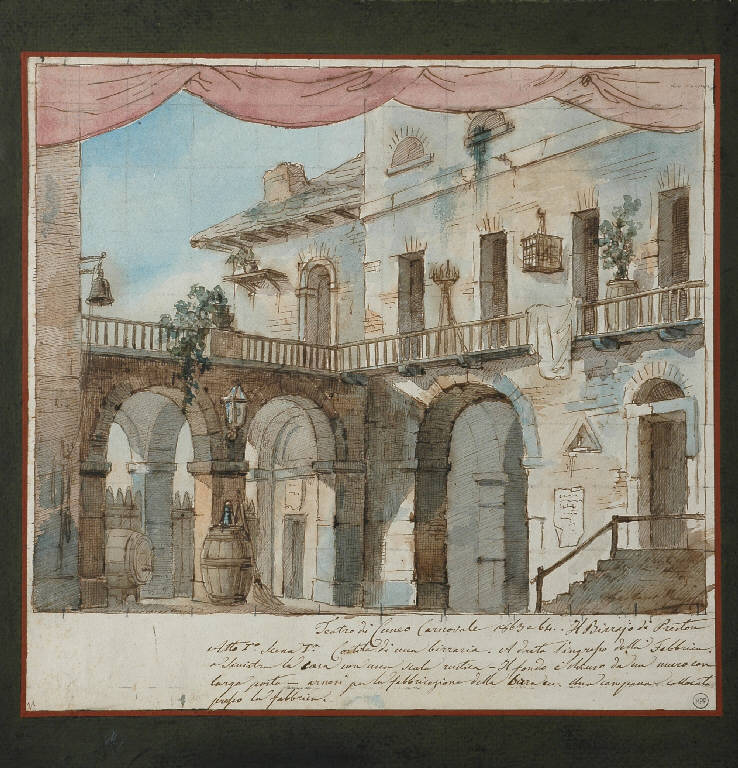 Scena raffigurante il cortile di una birreria, Architetture (disegno, opera isolata) di Mogolari Gaetano (sec. XIX)