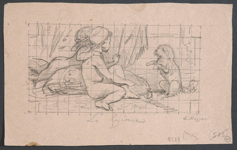 La lezione, Scena con due bimbi e un cane (disegno, opera isolata) di Morgari Luigi (fine/ inizio sec. XIX)