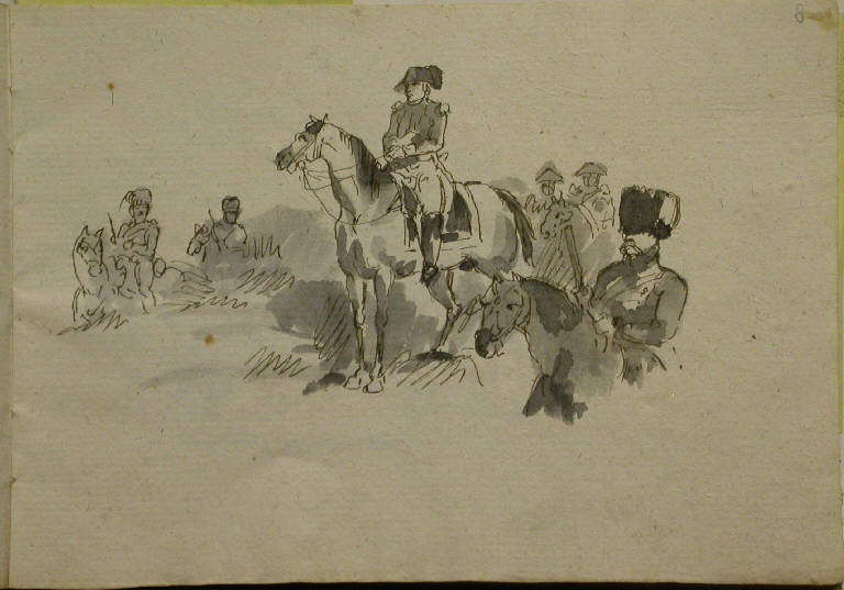 Napoleone a cavallo con i suoi ufficiali (disegno, elemento d'insieme) - ambito italiano (sec. XIX)