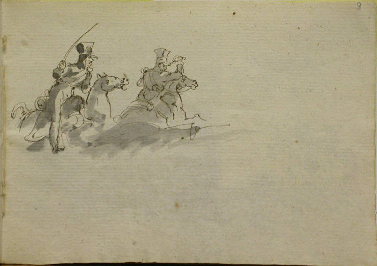 Ufficiali a cavallo, con spada sguainata (disegno, elemento d'insieme) - ambito italiano (sec. XIX)