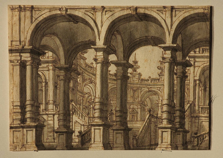 Scena raffigurante l'ingresso ad un palazzo, Architettura illusionistica (disegno, opera isolata) - ambito Italia centro-settentrionale (prima metà sec. XVIII)