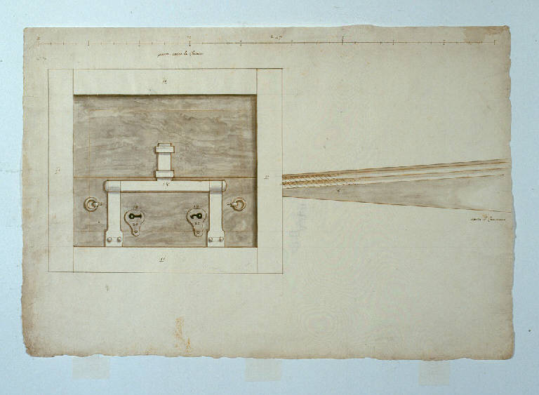 Serratura per il "deposito" della Santa Croce, Serratura (disegno, opera isolata) di Ligari Giovanni Pietro (sec. XVIII)