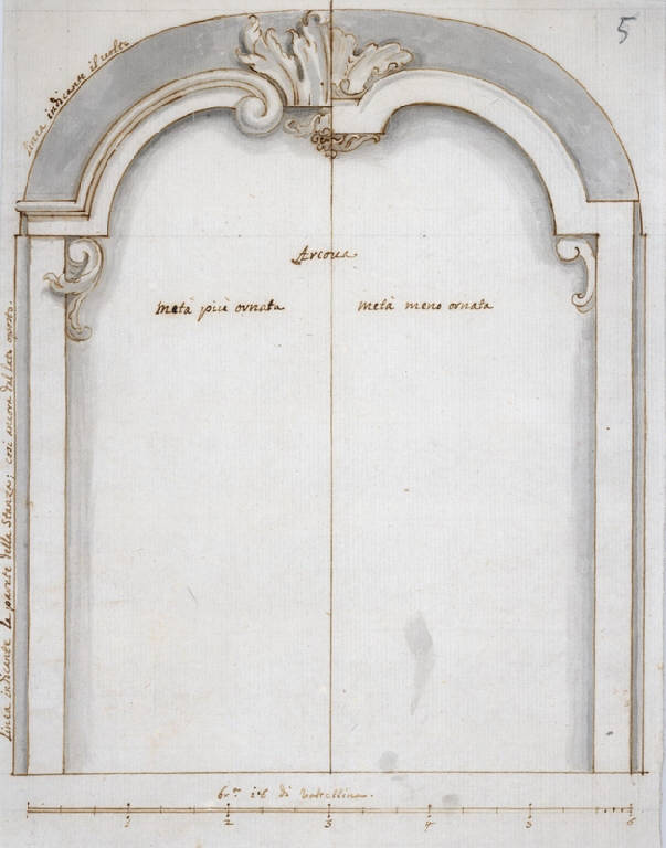 Cornice architettonica con motivi decorativi (disegno, opera isolata) di Ligari Giovanni Pietro (prima metà sec. XVIII)