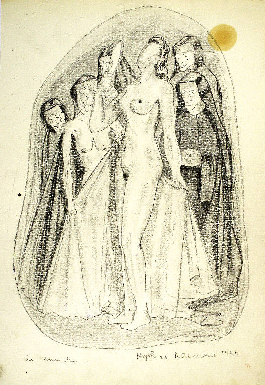 Le amiche, Figura femminile nuda che si guarda allo specchio tra figure di religiose (disegno) di Parisi, Domenico detto Ico Parisi (secondo quarto sec. XX)