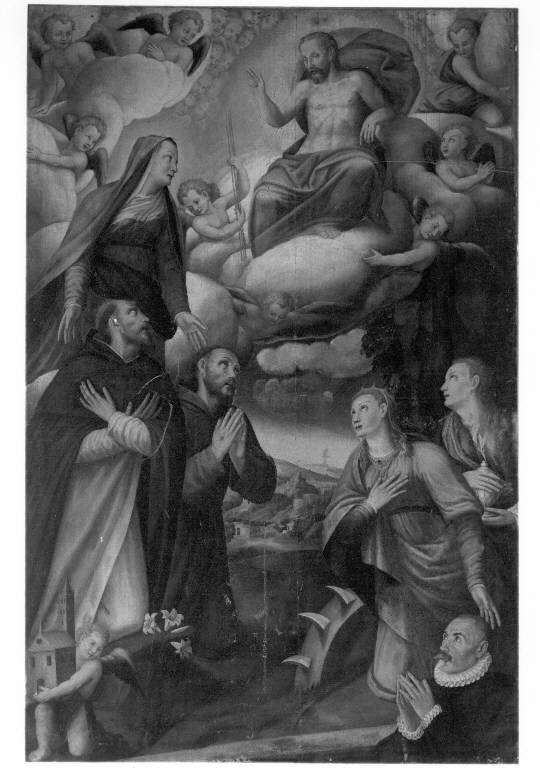 Cristo redentore benedicente fra santi e committenti (dipinto) di Mainardi Andrea detto Chiaveghino (fine sec. XVI)