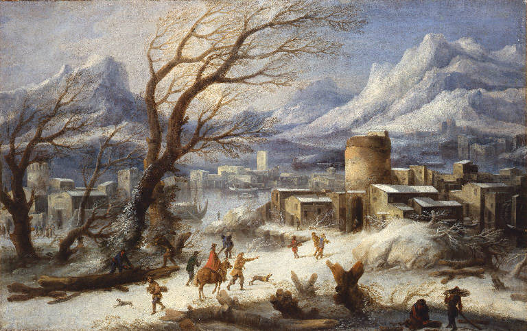 Paesaggio nordico con villaggio e contadini (dipinto) - ambito fiammingo (sec. XVII)