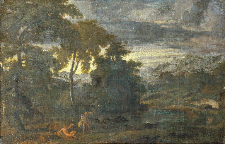 Paesaggio con ruscello e figure (dipinto) - ambito romano (sec. XVII)