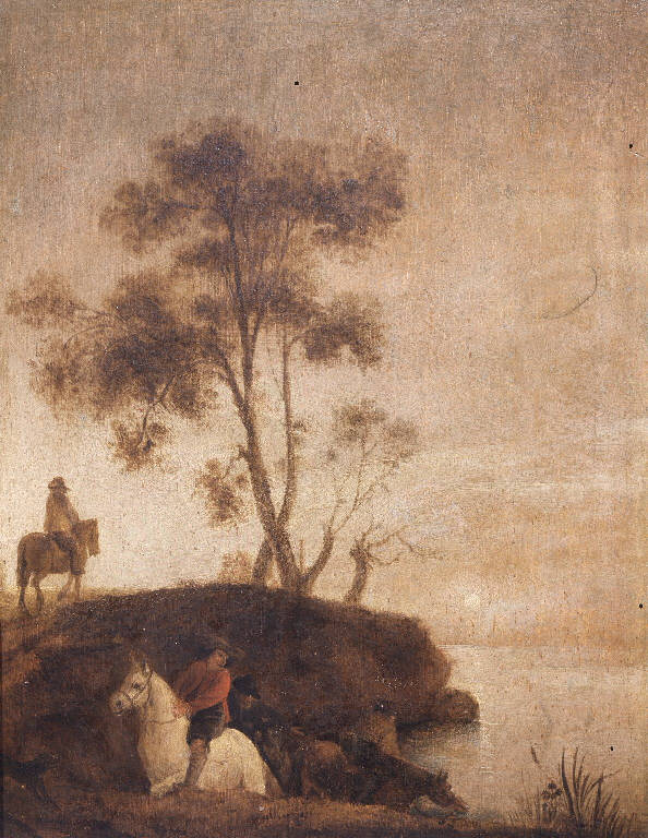 Paesaggio lacustre con cavalieri (dipinto) - ambito olandese (sec. XVII)