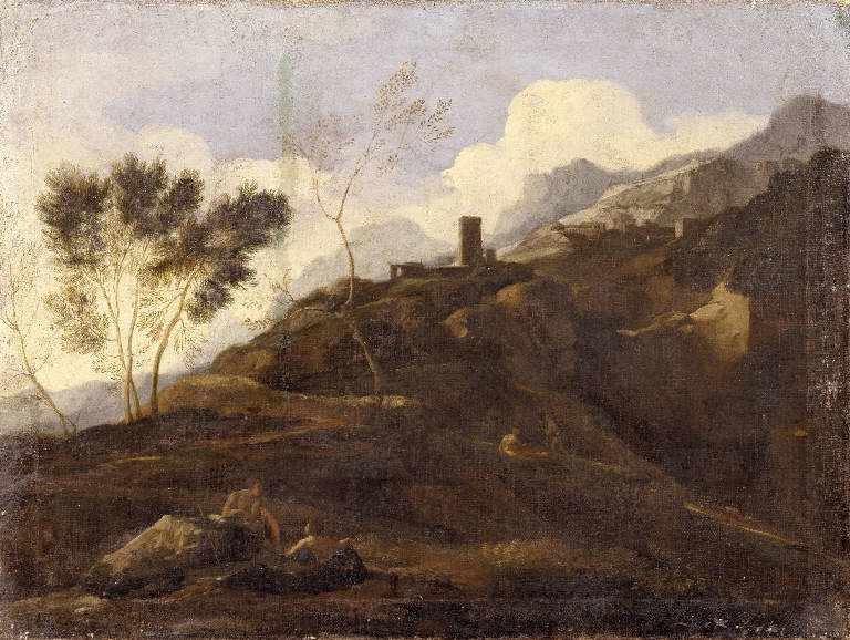 Paesaggio rupestre con fugure (dipinto) - ambito romano (sec. XVII)