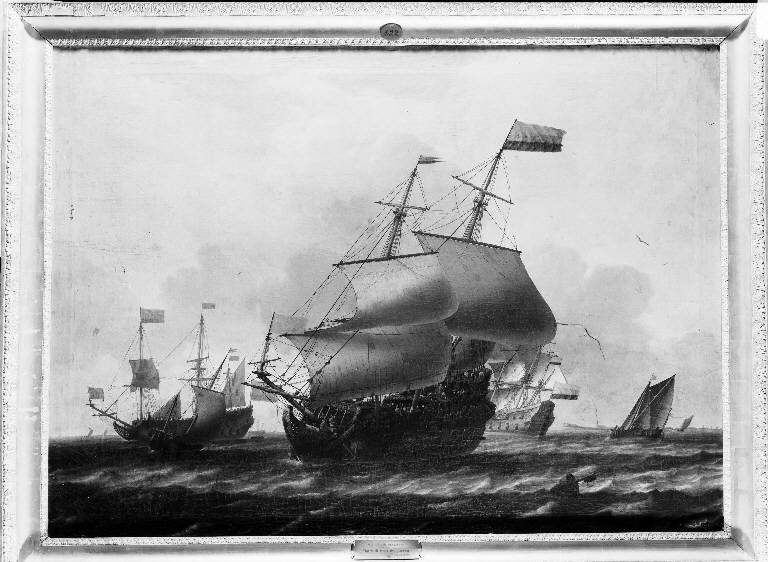 Marina con navi da guerra (dipinto) - ambito olandese (sec. XVII)