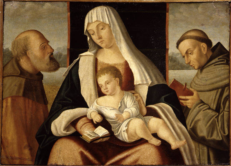 Madonna con Bambino in trono con San Giuseppe e San Francesco d'Assisi (dipinto) di Bernardino da Brescia (sec. XVI)