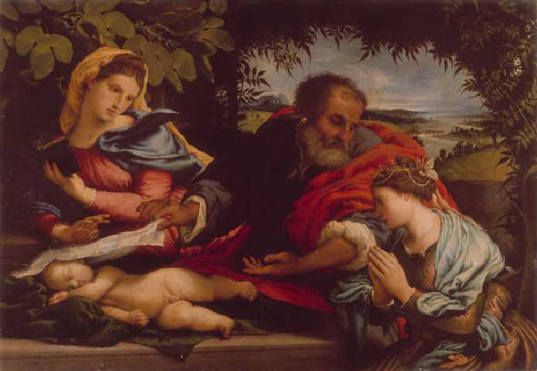 Sacra Famiglia con Santa Caterina d'Alessandria (dipinto) di Lotto Lorenzo (sec. XVI)