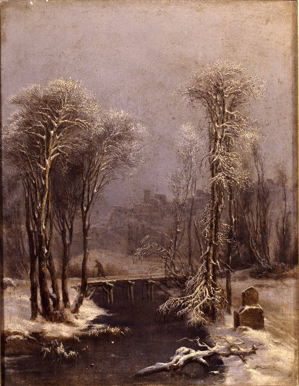 Nevicata, Paesaggio invernale con torrente (dipinto) di Rosa Costantino (sec. XIX)