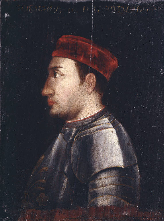 Ritratto di Giordano Orsini di profilo con armatura e berretto (dipinto) - ambito italiano (seconda metà sec. XVI)
