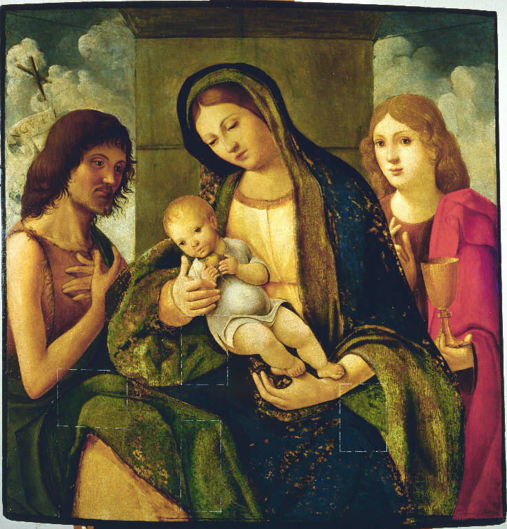 Madonna con Bambino tra San Giovanni Battista e San Giovanni Evangelista (dipinto) di Raibolini Francesco detto Francia (cerchia) (sec. XVI)