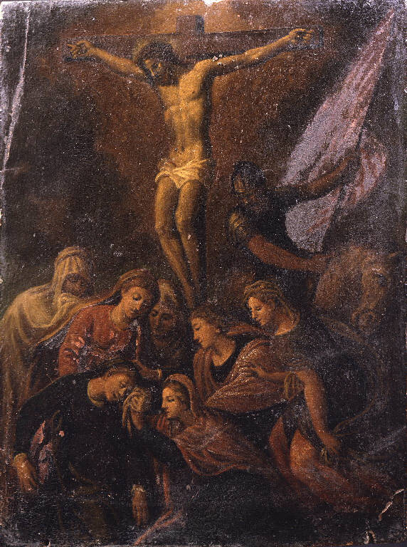 Crocifissione di Cristo con la Madonna, le Pie Donne e un soldato (dipinto) - ambito veneto (sec. XVII)
