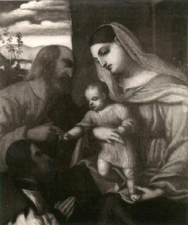 Sacra Famiglia con un donatore (dipinto, opera isolata) di Bonvicino Alessandro detto Moretto (cerchia) (sec. XVI)