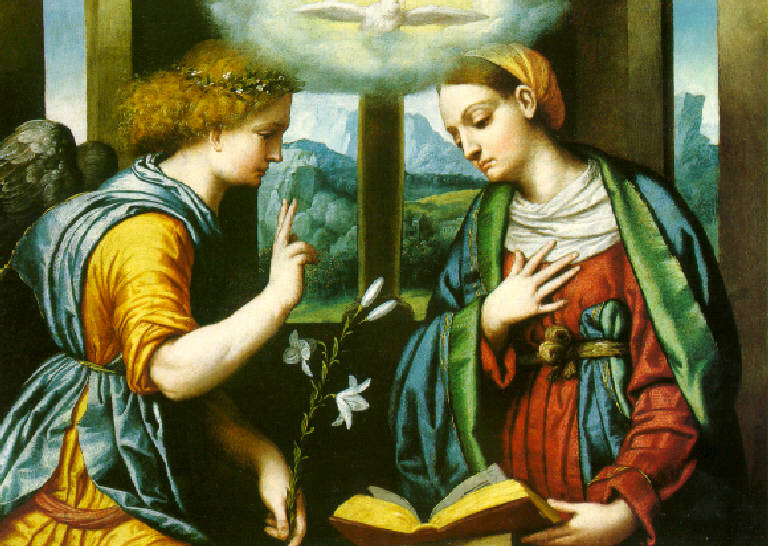 Annunciazione (dipinto, opera isolata) di Bonvicino Alessandro detto Moretto (secondo quarto sec. XVI)