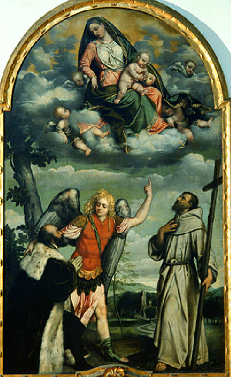 Madonna con Bambino in Gloria, San Francesco e San Michele Arcangelo che presenta un donatore (dipinto, opera isolata) di Bonvicino Alessandro detto Moretto (secondo quarto sec. XVI)