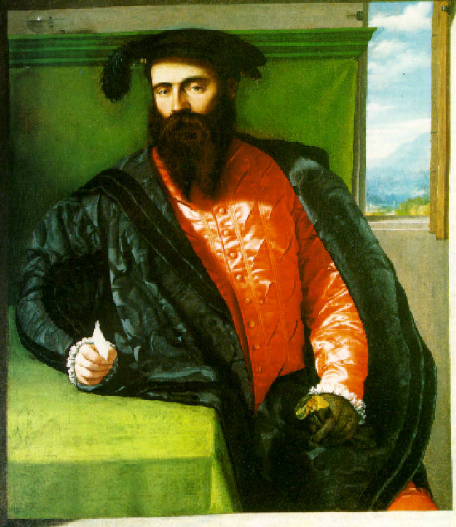 Ritratto di giovane uomo con barba e copricapo piumato (dipinto, opera isolata) di Bonvicino Alessandro detto Moretto (secondo quarto sec. XVI)