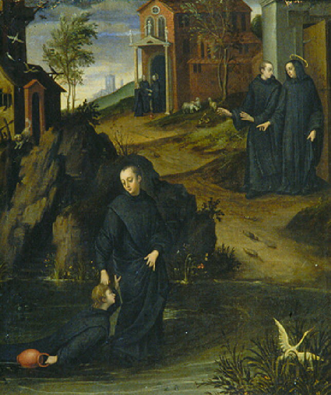 San Mauro salva dall'acqua San Placido (dipinto, opera isolata) - scuola lombarda (metà sec. XVI)
