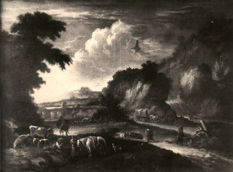 Paesaggio con figure di pastori e architetture (dipinto, opera isolata) - scuola lombarda (prima metà sec. XVIII)