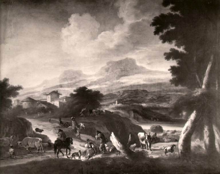 Paesggio con figure di pastori e greggi (dipinto, opera isolata) - scuola lombarda (prima metà sec. XVIII)