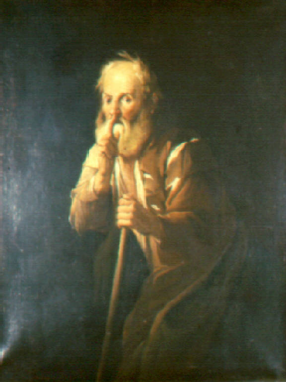Figura di vecchio che invita al silenzio (dipinto, opera isolata) di Cifrondi Antonio (secondo quarto sec. XVIII)