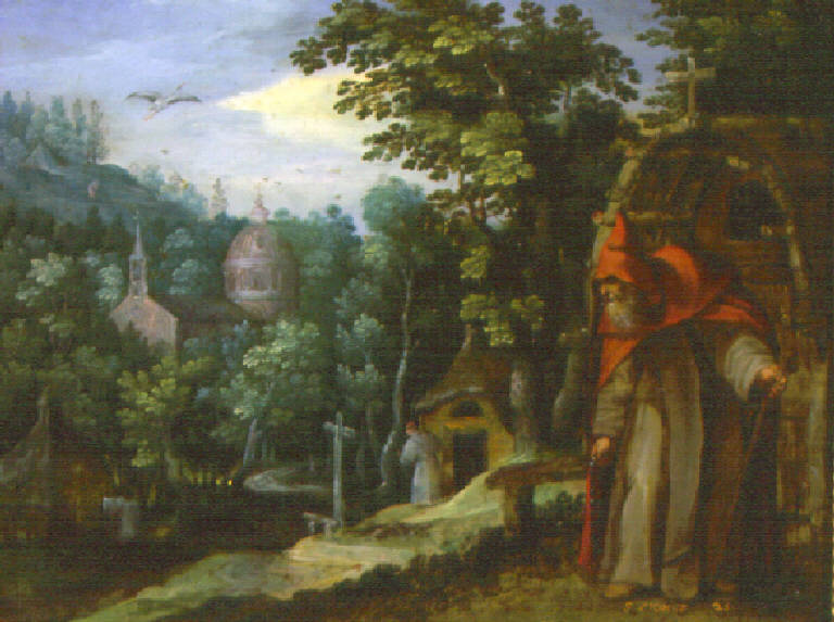 Paesaggio con eremiti (dipinto, opera isolata) - scuola fiamminga (sec. XVI)