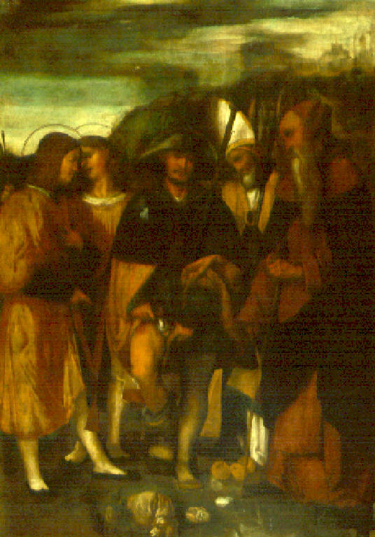 San Rocco, San Cosma, San Damiano, San Nicola e Sant'Antonio Abate (dipinto, opera isolata) di Bonvicino Alessandro detto Moretto (inizio sec. XVI)