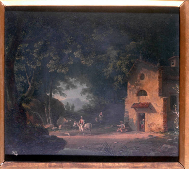 Case, PAESAGGIO CON ALBERI E CHIESA (dipinto) di Acqua Giovan Battista Dell' (sec. XX)