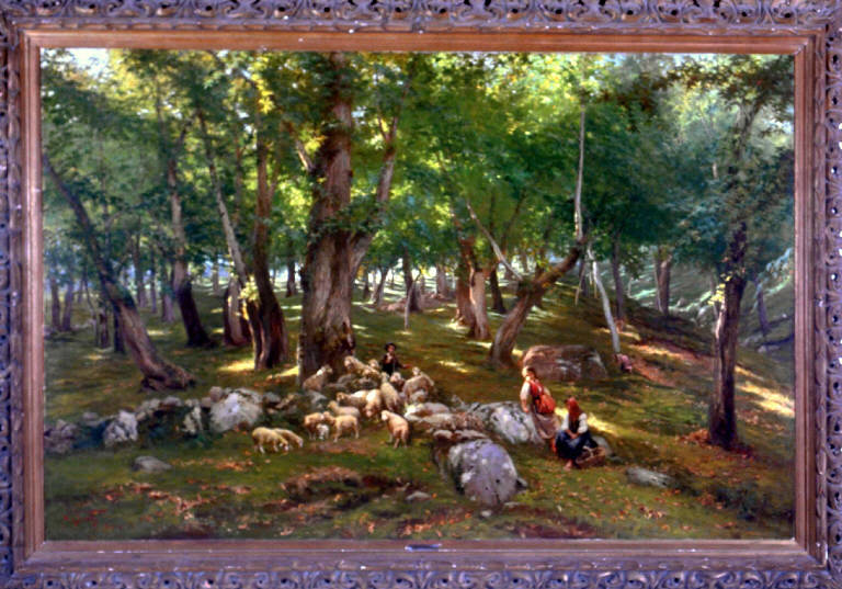Pastorelle, PAESAGGIO CON ALBERI, ANIMALI E FIGURE DI PASTORELLE (dipinto) di Grady Luigi Napoleone (seconda metà sec. XIX)