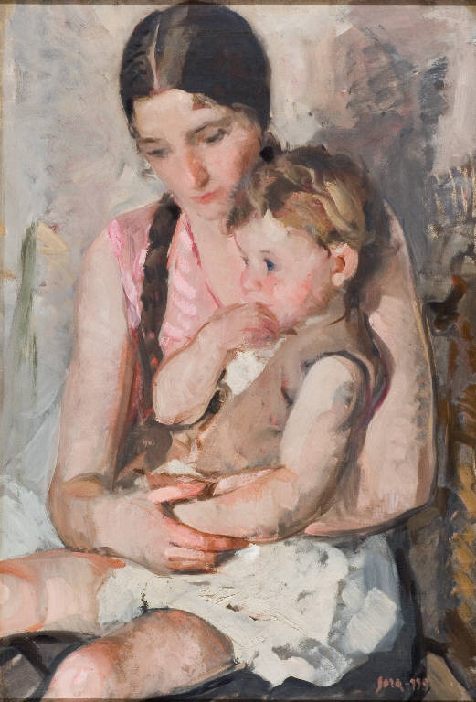 Maternità, Madre con bambino (dipinto) di Sora Orlando (metà sec. XX)