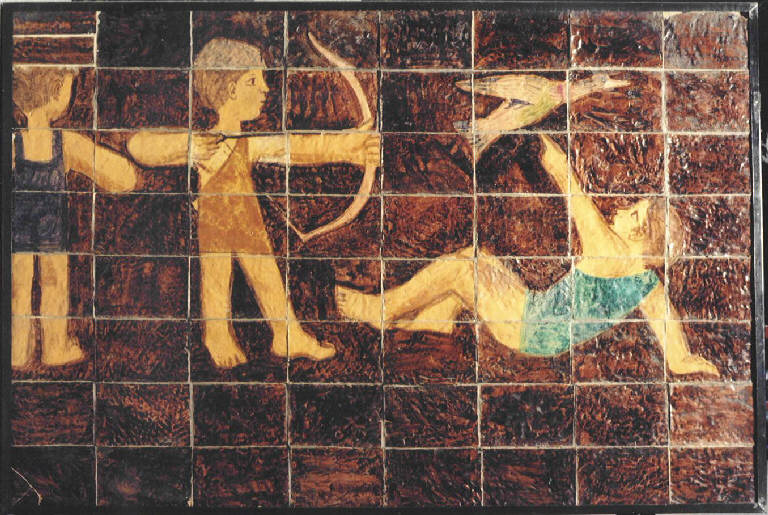 Gioco di bimbi, Figure di bambini che giocano (dipinto) di Garau Augusto (metà sec. XX)
