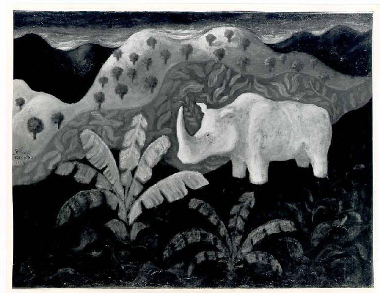 Rinoceronte, Rinoceronte (dipinto, opera isolata) di Tranchino Gaetano (terzo quarto sec. XX)
