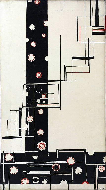 Verticale nero, Composizione di forme geometriche e linee (dipinto, opera isolata) di Bertini Gianni (metà sec. XX)