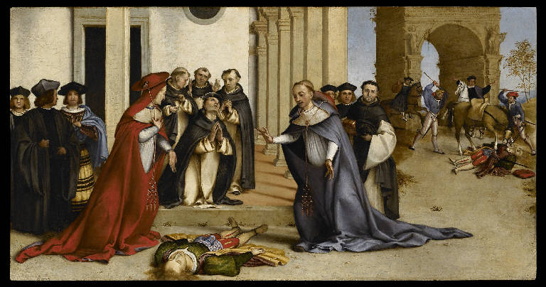 San Domenico resuscita Napoleone Orsini, Deposizione di Cristo nel sepolcro, Lapidazione di Santo Stefano (predella dipinta, insieme) di Lotto Lorenzo (sec. XVI)