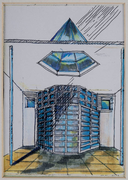 Schizzi di architettura, Architettura di un interno con lucernaio (disegno, opera isolata) di Introini, Vittorio (ultimo quarto sec. XX)