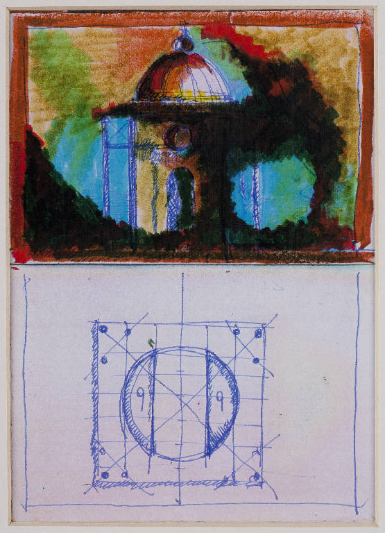 Schizzi di architettura, Architettura e pianta di un tempietto (disegno, opera isolata) di Introini, Vittorio (ultimo quarto sec. XX)