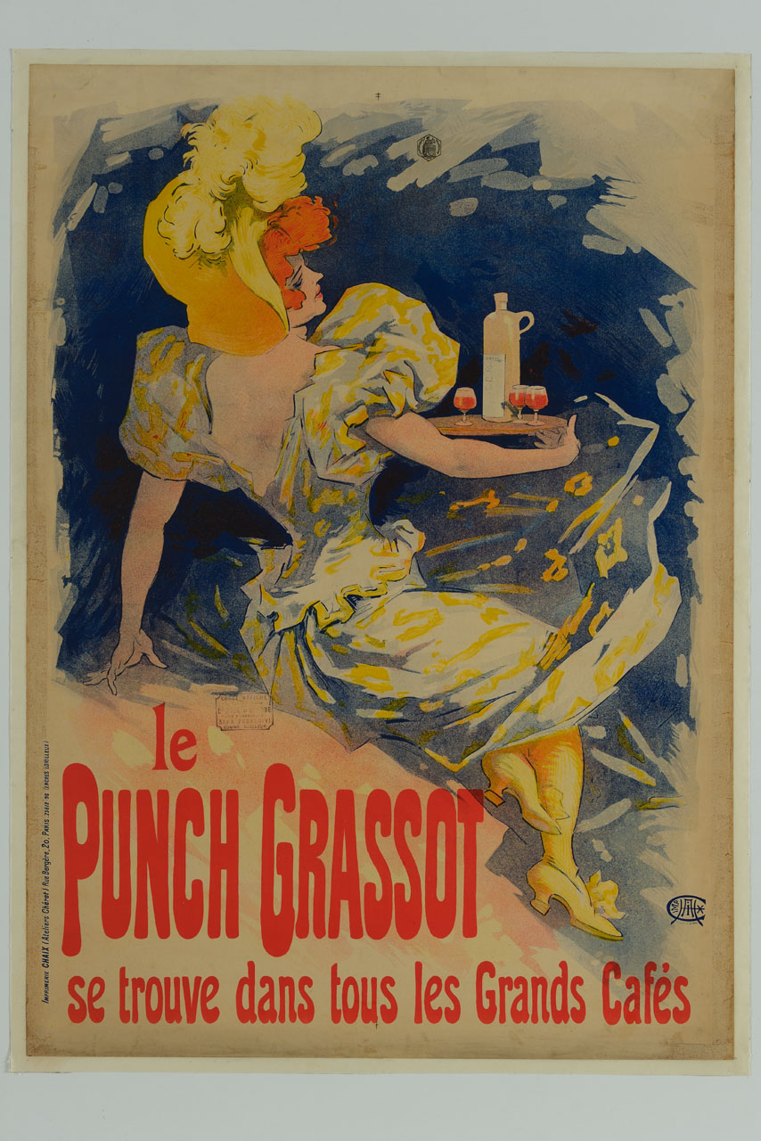 signora regge vassoio con bicchieri e bottiglia di punch (manifesto) di Chéret Jules (sec. XIX)