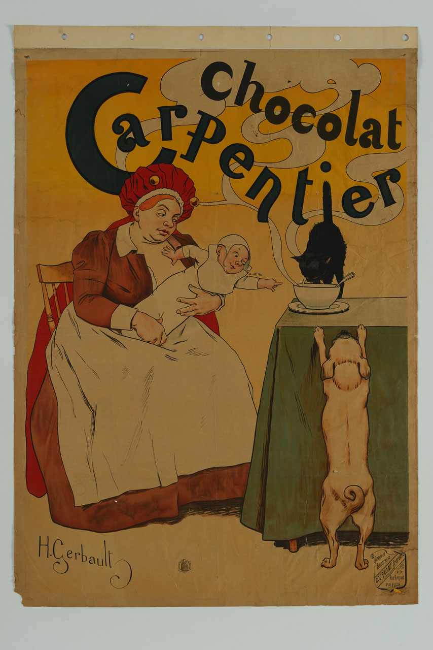 balia con neonato e gatto che beve cioccolata calda da una tazza (manifesto) di Gerbault Henry (sec. XIX)