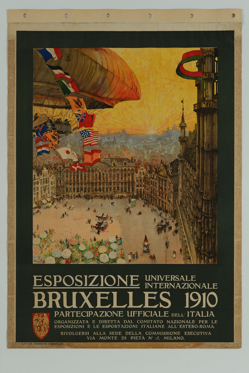 veduta della Grand Place di Bruxelles con dirigibile e bandiere internazionali (manifesto) di Cassiers Henri o Hendrick (sec. XX)
